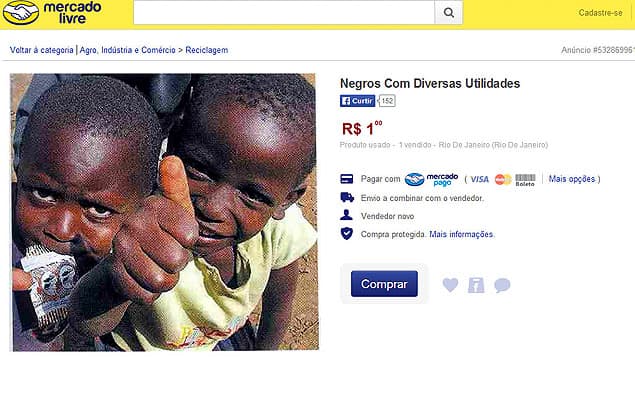 FOTO: Anúncio em site de compras vende negro a R$ 1; autor é identificado