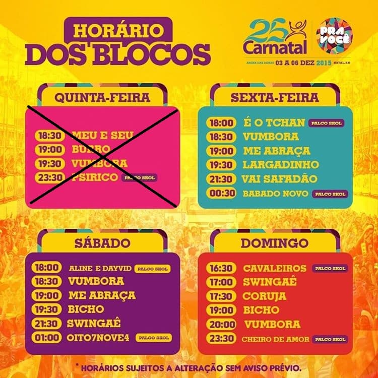Confira a ordem e horários dos blocos e shows da Arena nesta sexta de Carnatal 25 anos