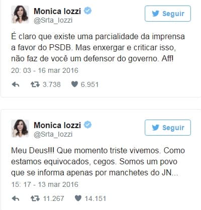 ‘Não sou petista, mas também não sou cega', opina global Monica Iozzi sobre crise política