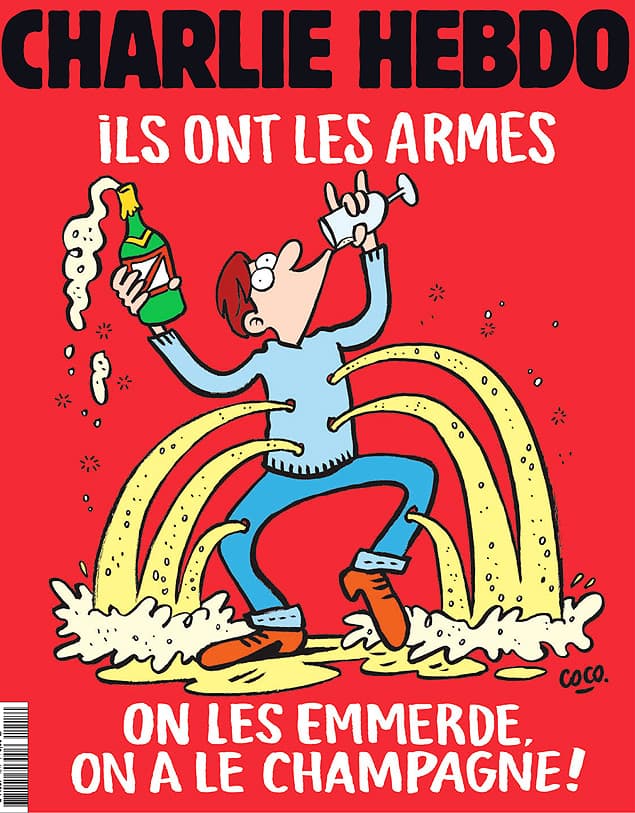 FOTO: Charlie Hebdo satiriza atentados em Paris em edição: "Eles têm armas. Que vão à m…, nós temos champanhe"