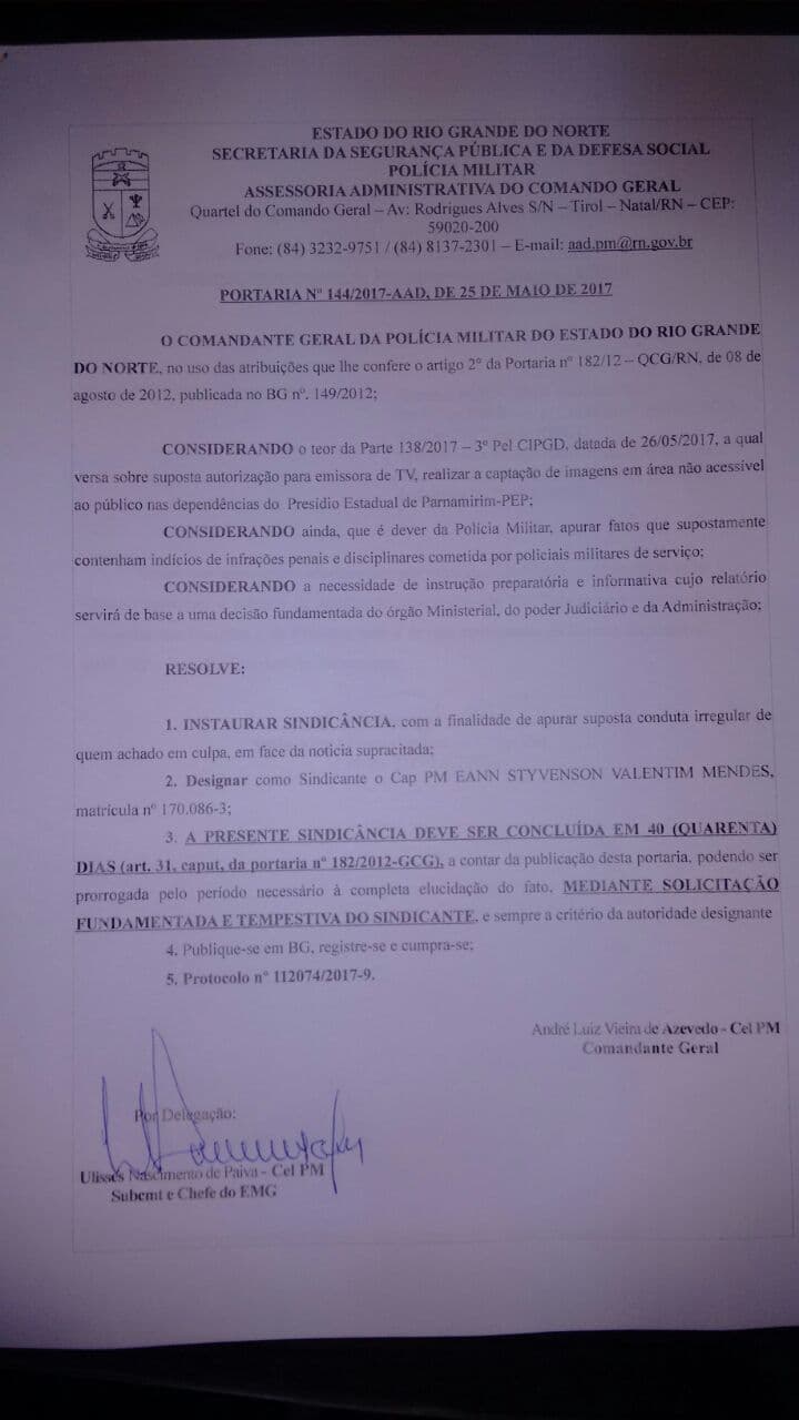 Comando da PM instaura sindicância e nomeia Capitão Styvenson para apurar acesso de TV em área não acessível na Penitenciária de Parnamirim
