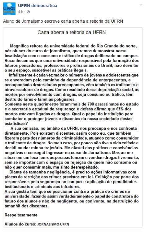 Alunos de Jornalismo da UFRN apelam para a reitora que combata o consumo e tráfico de drogas na instituição