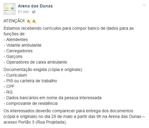 Arena das Dunas recebe currículos para vagas em diversas funções