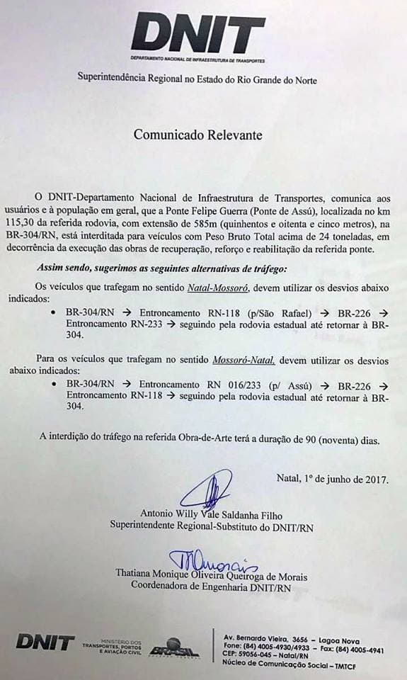 PRF alerta para restrição no trânsito devido ao comprometimento estrutural da Ponte Felipe Guerra, na BR-304