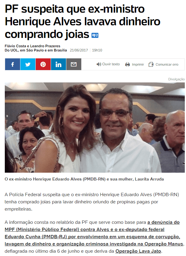 PF suspeita que ex-ministro Henrique Alves lavava dinheiro comprando joias