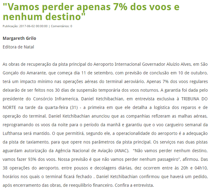 Reforma na pista do aeroporto de SGA vai fazer Natal perder "apenas 7% dos voos e nenhum destino"