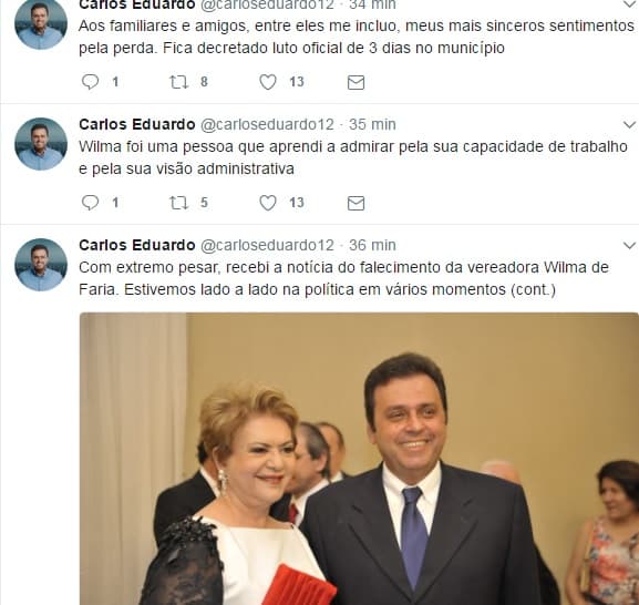 Com "extremo pesar", Carlos Eduardo lamenta morte da ex-prefeita Wilma, e decreta luto oficial de 3 dias