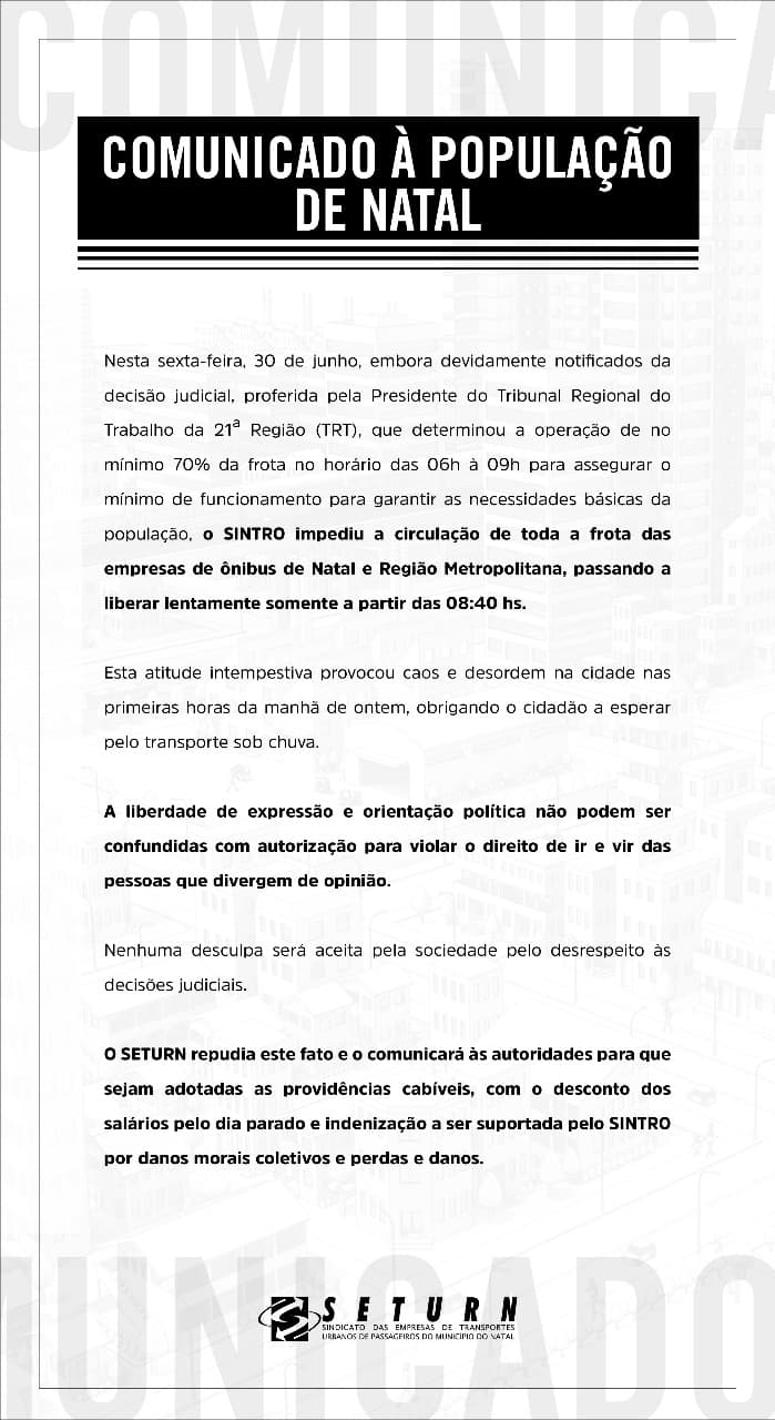 Seturn emite Nota de Esclarecimento à população de Natal; veja