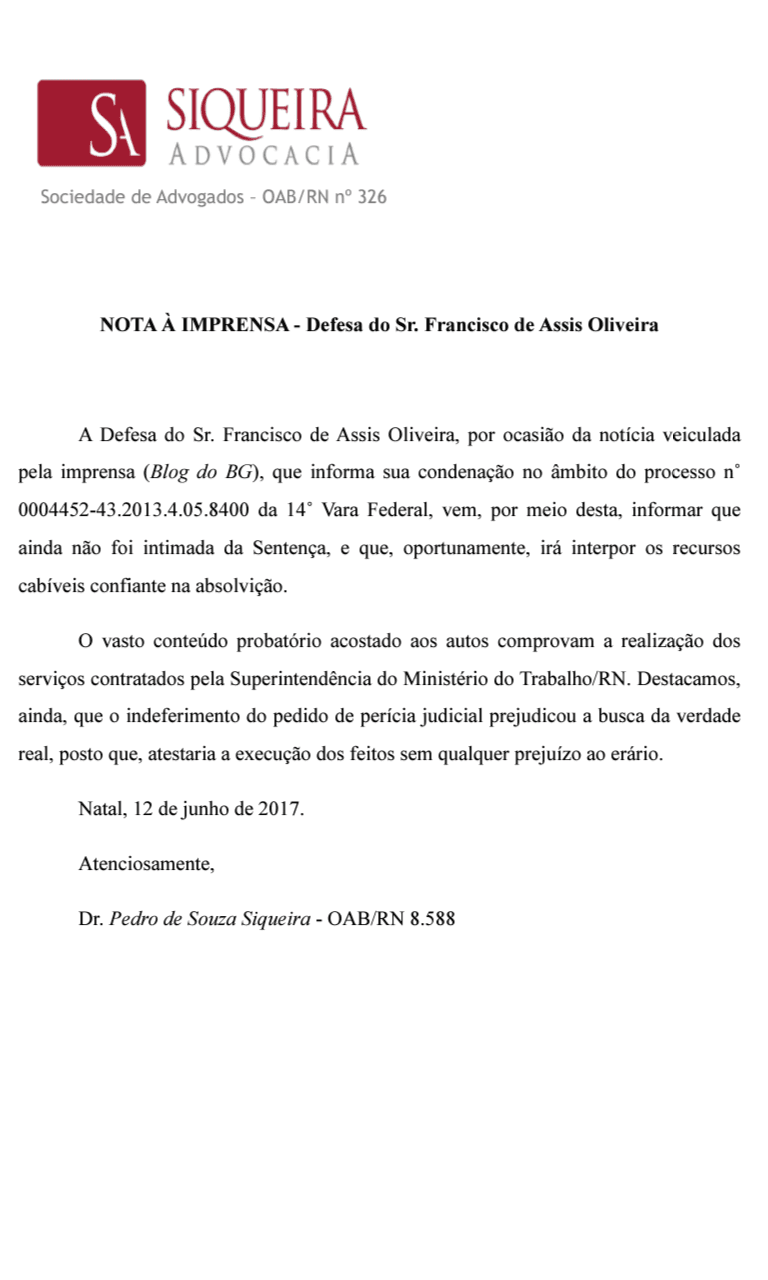 Nota: Defesa do Sr. Francisco de Assis Oliveira