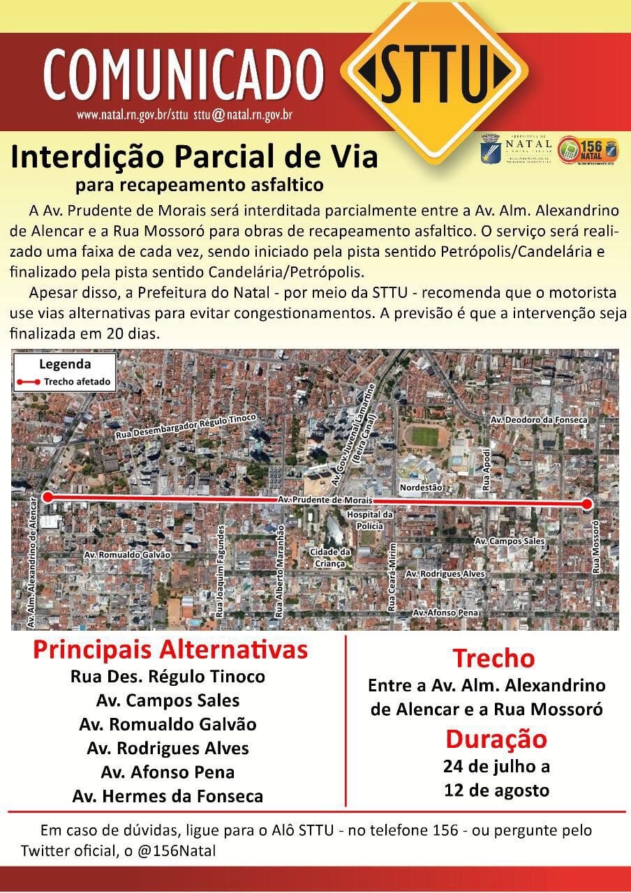 STTU emite comunicado de interdição da Av. Prudente de Morais a partir desta segunda