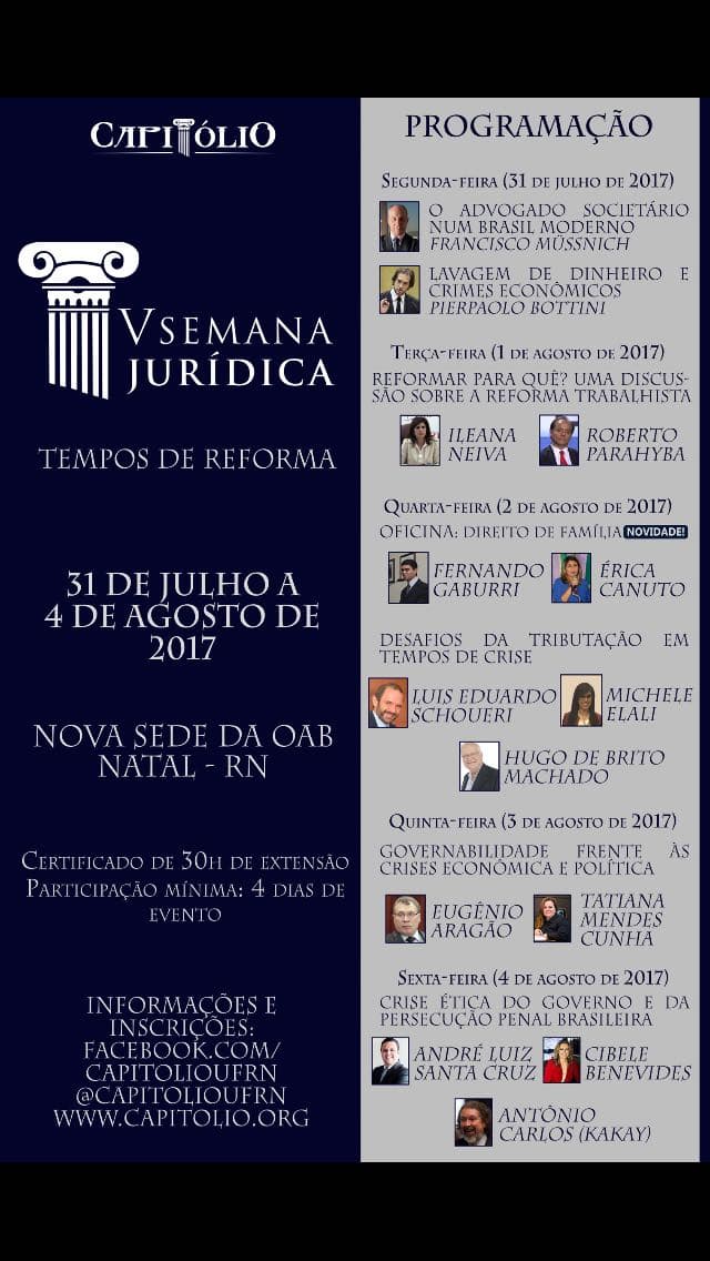 V Semana Jurídica: 31 de julho a 04 de agosto, na nova sede da OAB em Natal
