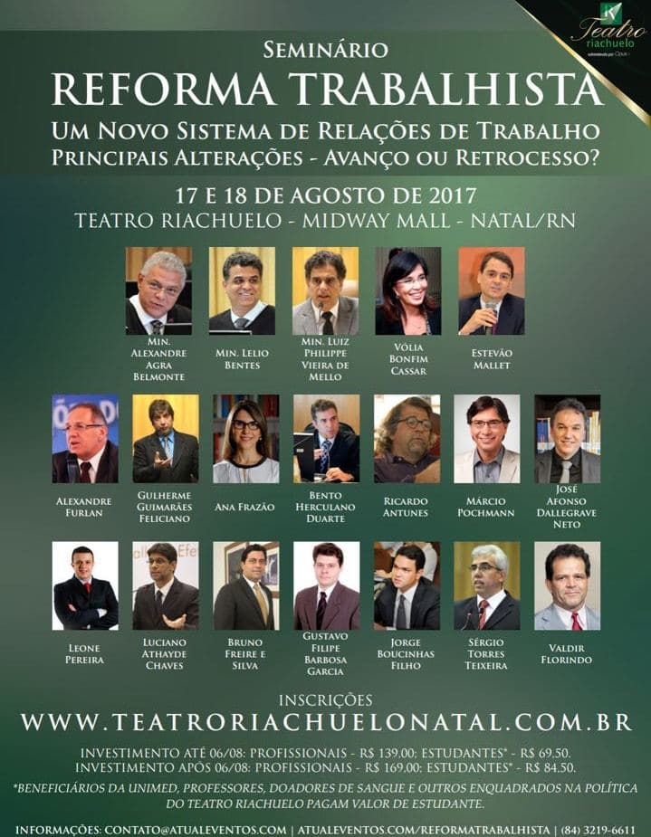 Seminário "Reforma Trabalhista - Um Novo Sistema de Relações do Trabalho” ocorrerá nos dias 17 e 18 de agosto em Natal