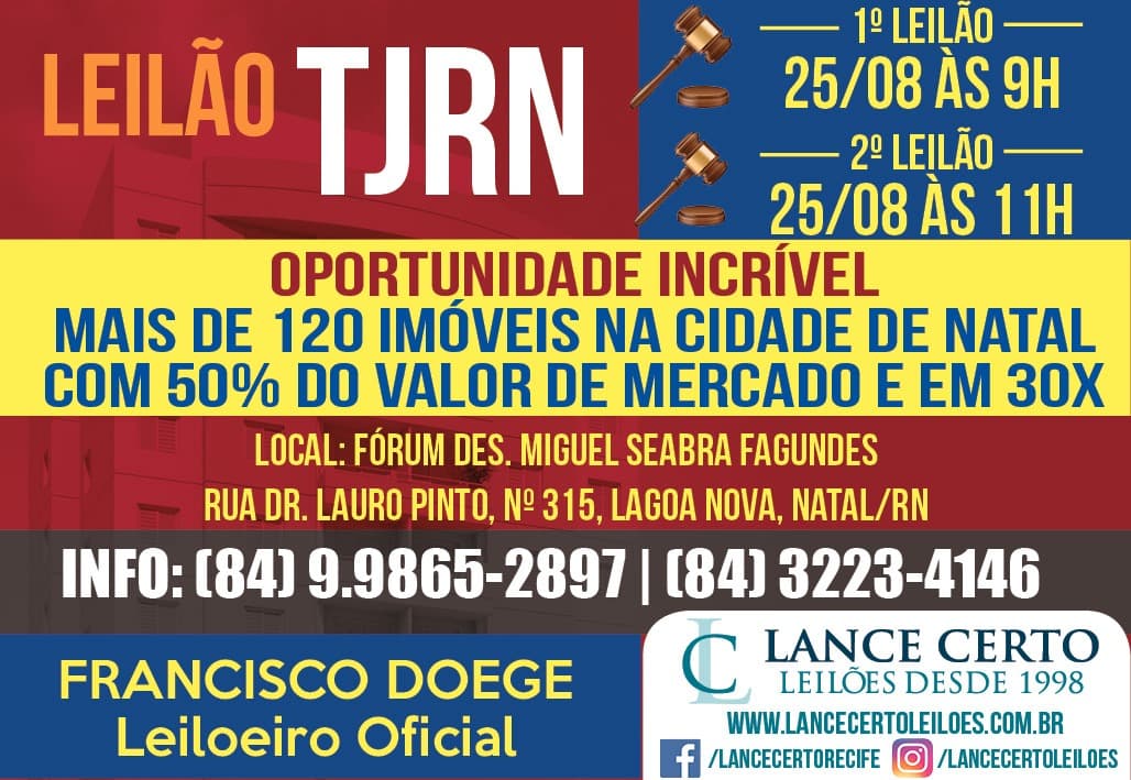 Imóveis comerciais, residenciais, além de terrenos, estão entre as 120 opções em Natal de leilão do TJRN no dia 25; veja lotes