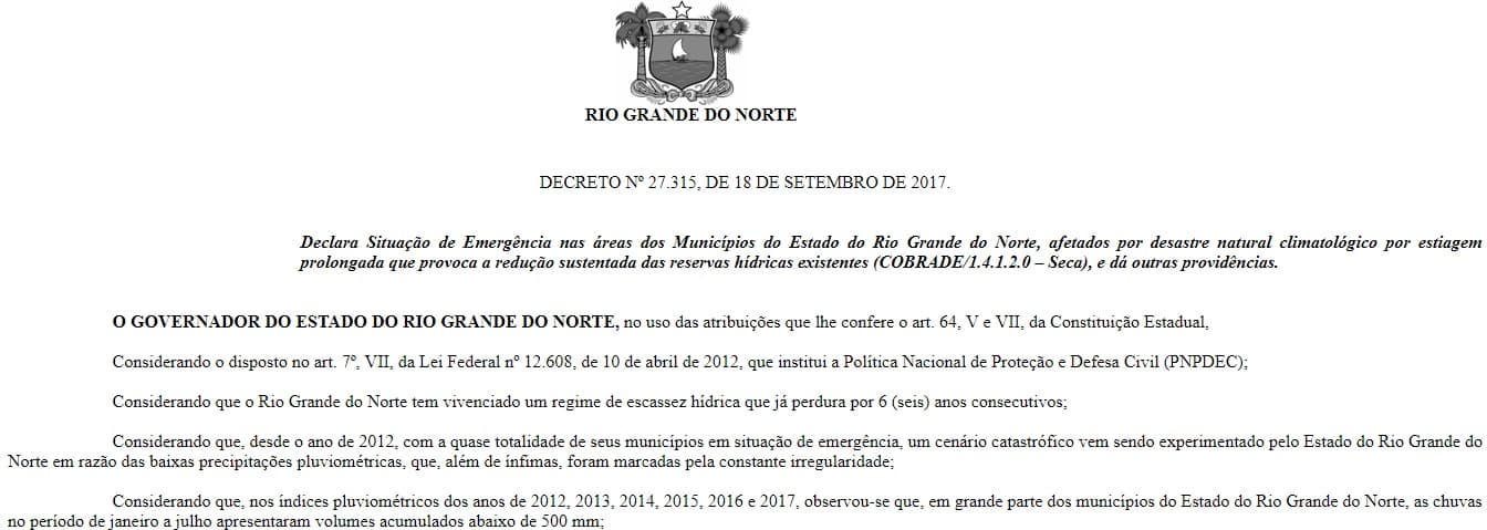 Governo renova mas uma vez situação de emergência pela seca em 153 municípios do RN