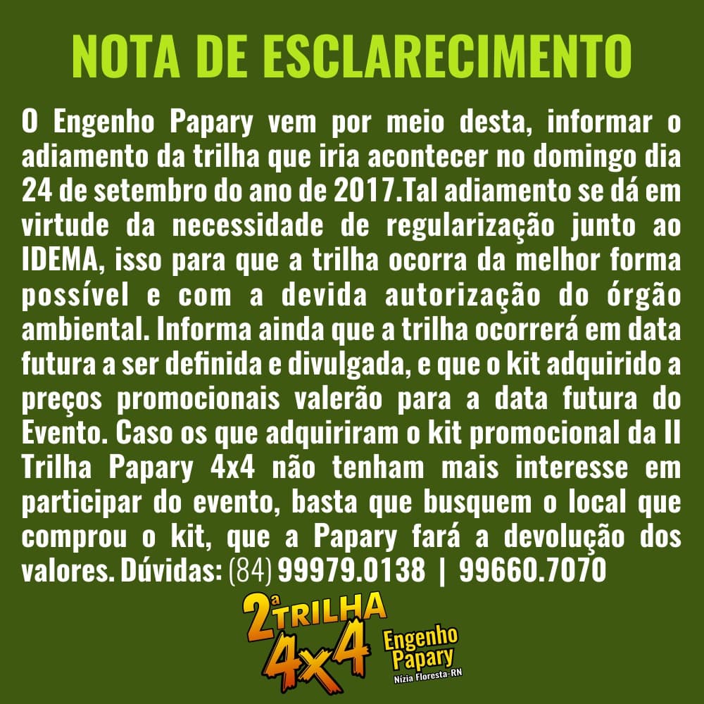 Em nota, Engenho Papary comunica adiamento de trilha neste domingo; confira esclarecimento