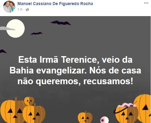 Diácono caicoense em rede social: “Irmã Terenice veio da Bahia evangelizar. Nós de casa não queremos, recusamos”