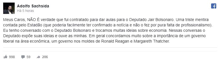 Economista nega que foi contratado para ensinar Bolsonaro