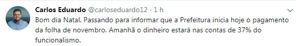 Prefeitura do Natal paga 37% do funcionalismo referente a Folha de novembro nesta sexta