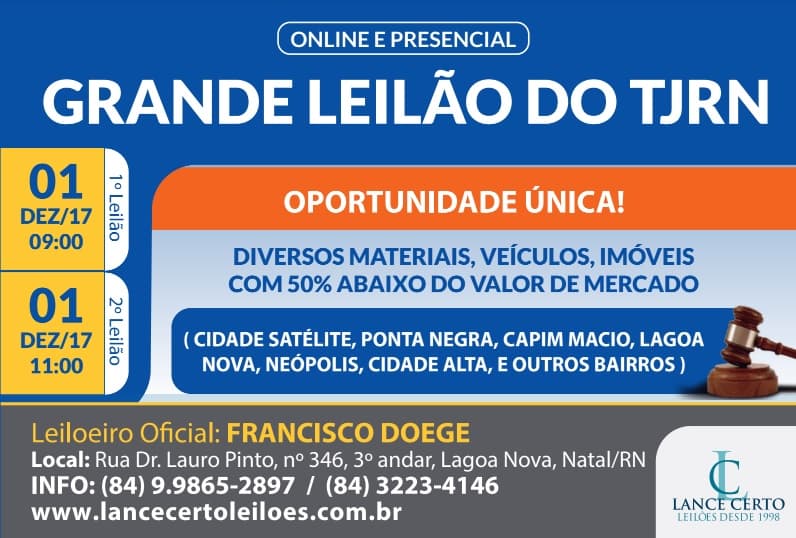 Acontece nesta sexta o leilão de imóveis, veículos, máquinas e materiais diversos do TJRN