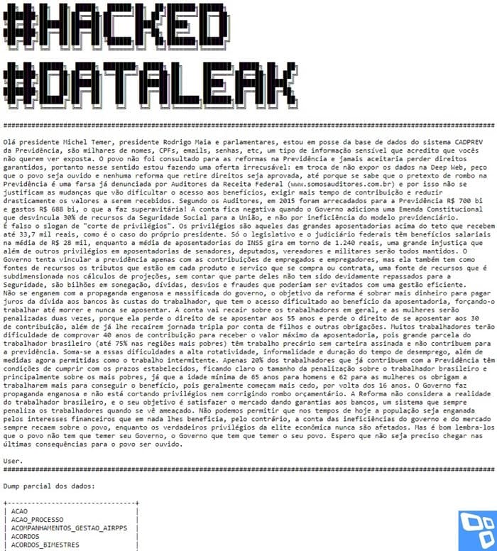 Hackers invadem Previdência, mandam recado para Temer, Maia e parlamentares, e ameaçam vazamento contra reforma