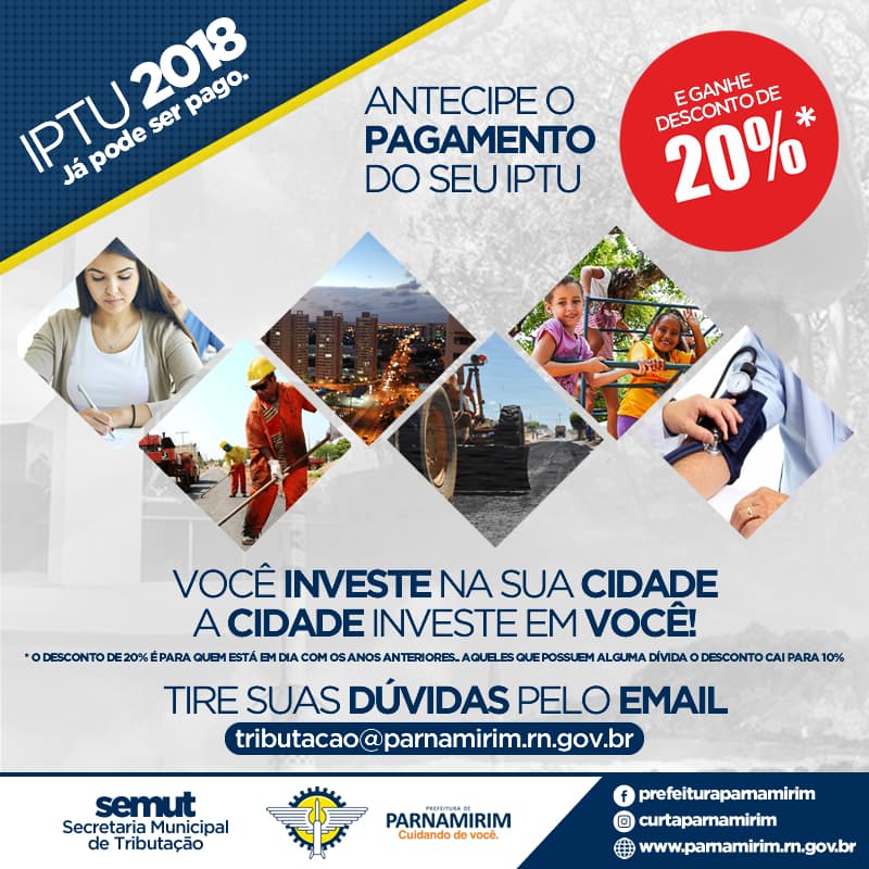 IPTU 2018 em Parnamirim já pode ser pago; 20% de desconto para antecipação