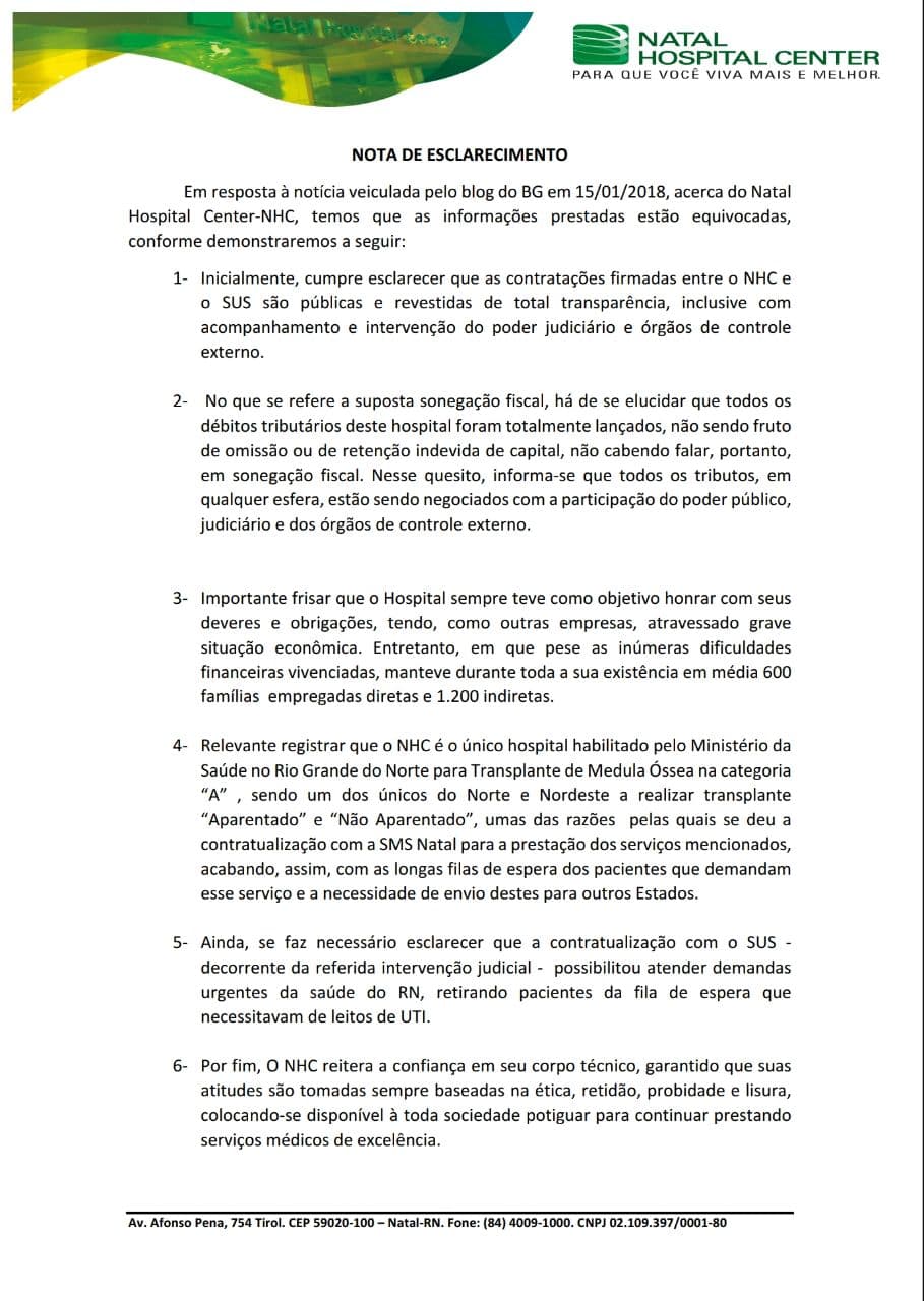 Natal Hospital Center esclarece sobre contrato com a Secretaria de Saúde de Natal