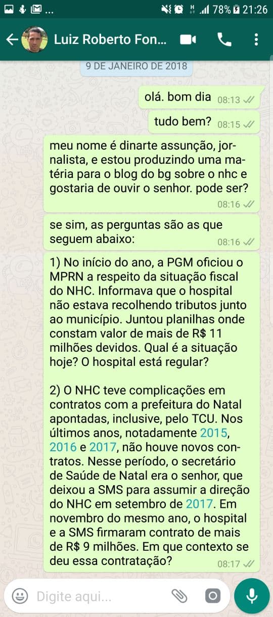 Diretor do NHC esclarece sobre contrato com Secretaria de Saúde e afirma não ter sido procurado pelo blog, que prova o contrário