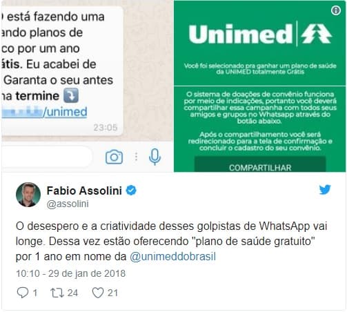 Criminosos enviam ‘plano de saúde grátis' da Unimed pelo WhatsApp