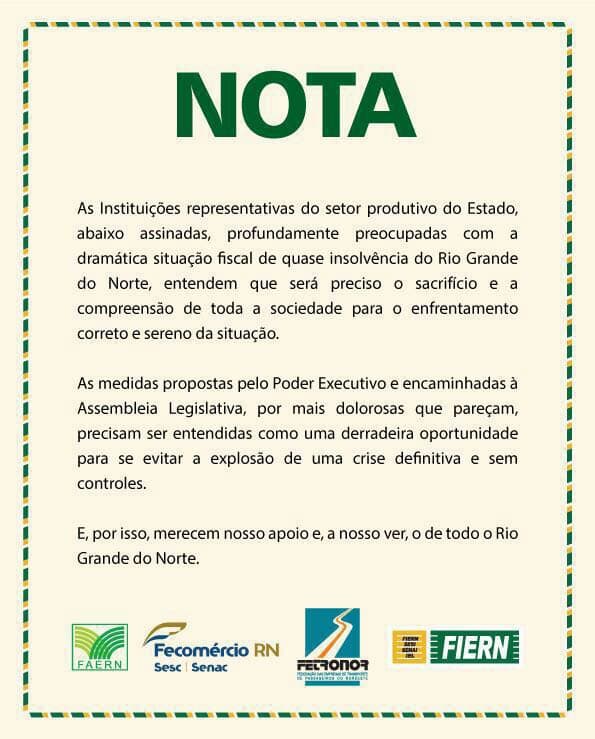 Faern, Fetronor, Fecomércio e Fiern declaram apoio ao ajuste fiscal “RN Urgente”