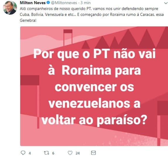 Milton Neves: Por que o PT não vai à Roraima para convencer os venezuelanos a voltar ao paraíso?