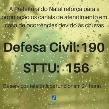 Prefeitura do Natal divulga números para atendimento por ocorrência causadas pelas chuvas