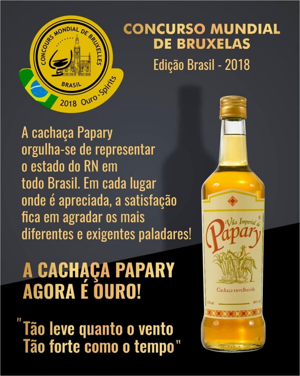 Cachaça envelhecida Papary é classificada com selo ouro entre mais de 600 participantes no Concurso Mundial de Bruxelas