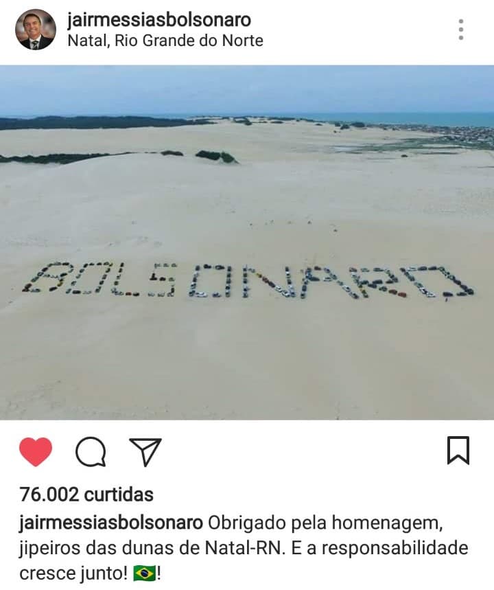 FOTO: Jipeiros do RN fazem homenagem a Bolsonaro em duna de Natal; veja