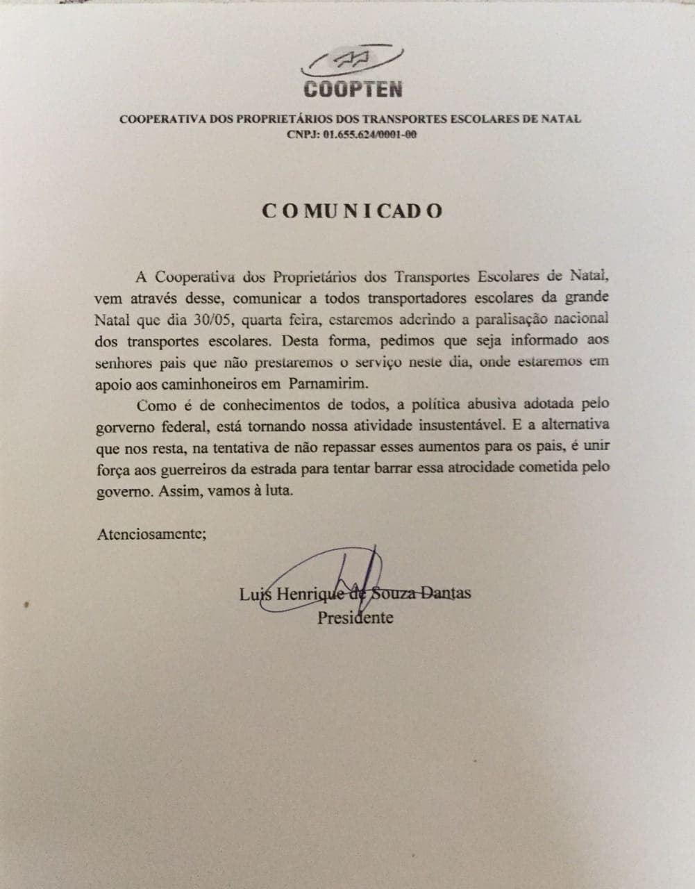 Cooperativa de Transportes Escolares de Natal informa suspensão dos serviços nesta quarta e carreata em solidariedade aos caminhoneiros contra a alta dos combustíveis