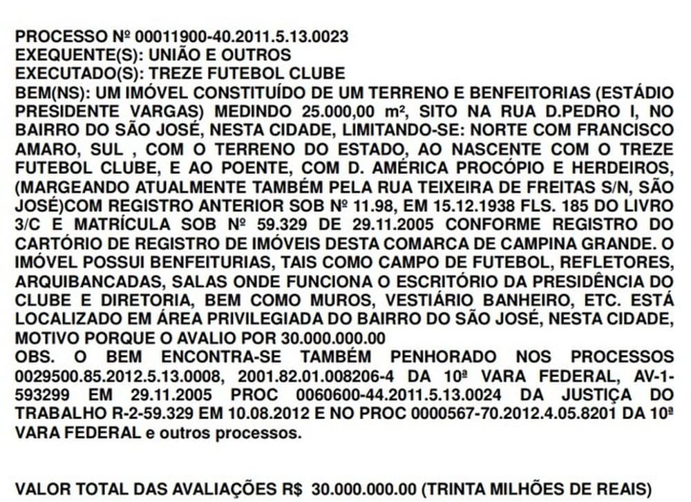Estádio do Treze em Campina Grande deve ir a leilão, determina Justiça