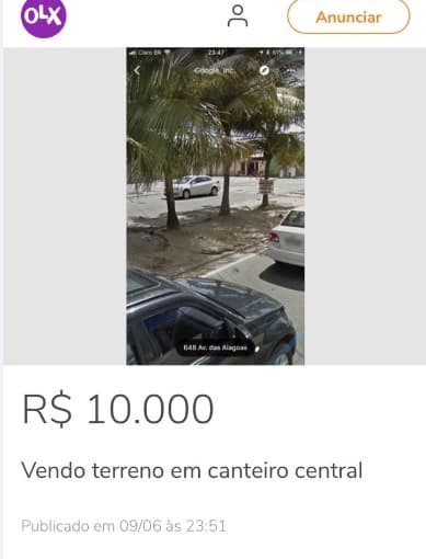 FOTO: Canteiro Central na Avenida das Alagoas, na Zona Sul de Natal, "anunciado" no OLX por R$ 10 mil para comércio