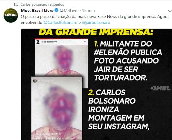 Filho de Bolsonaro se revolta e fala em "fake news" sobre foto com menção ao pai Jair como torturador: "novamente inventam como se eu tivesse divulgado"