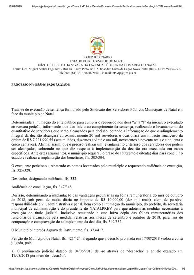 AÇÃO JUDICIAL DO PLANO GERAL: Sinsenat aguarda da Prefeitura apresentação de folhas de pagamento para prosseguir meta de cumprimento da atualização da matriz salarial e progressões dos servidores