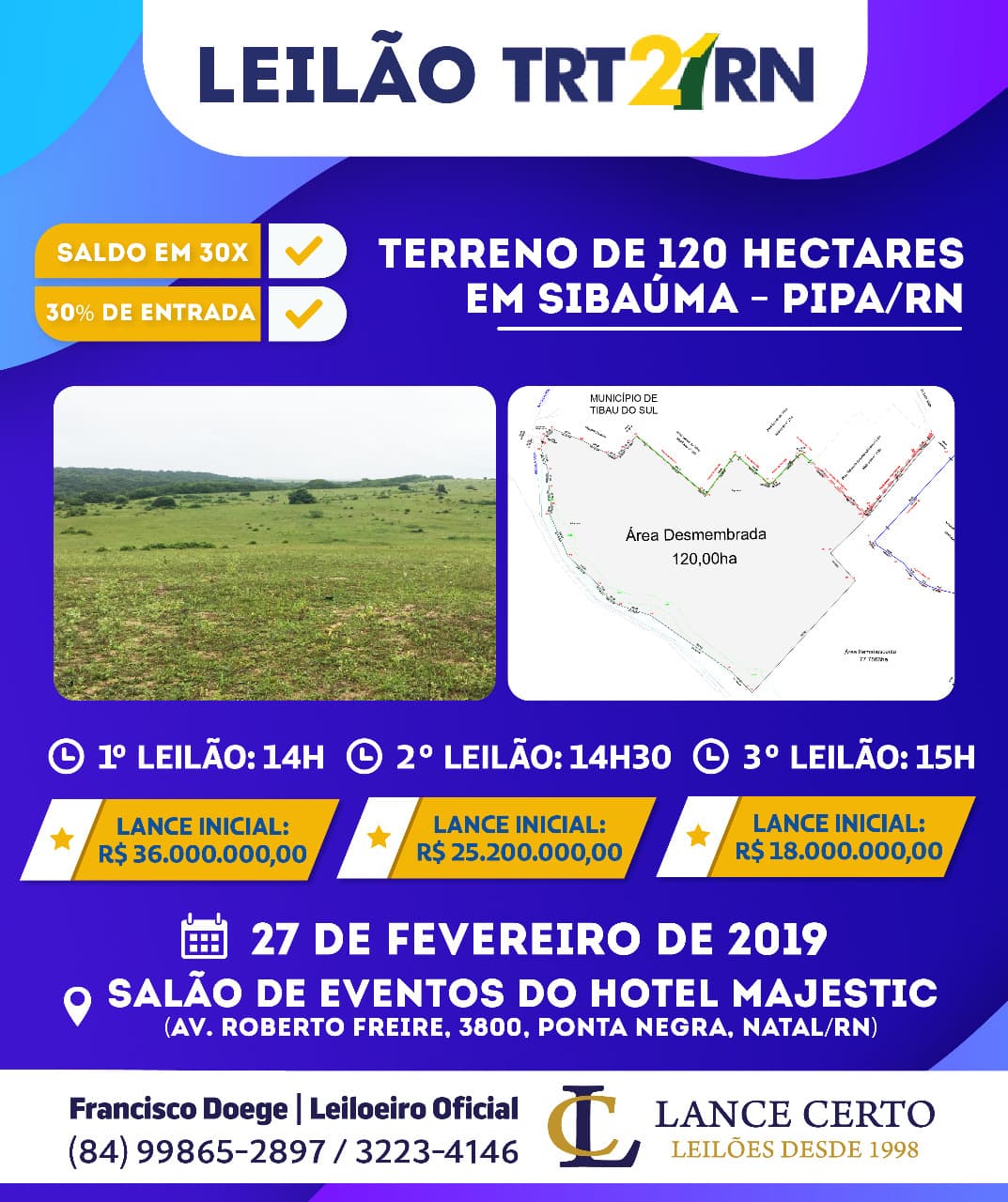 Leilão do TRT-RN no fim do mês oferta terreno de 120 hectares em Pipa, imóveis comerciais e residenciais em Natal, Campina Grande, João Pessoa, Mossoró e Parnamirim, com possibilidade de parcelamento