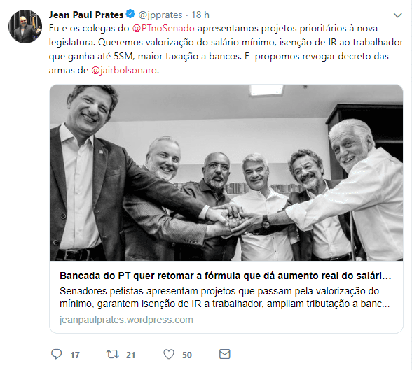 Senador Jean Paul Prates e senadores do PT querem ampliar tributação dos bancos e revogação do decreto de armas de Bolsonaro