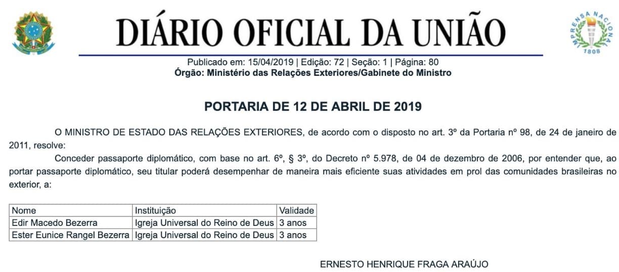 Itamaraty renova passaporte diplomático de Edir Macedo