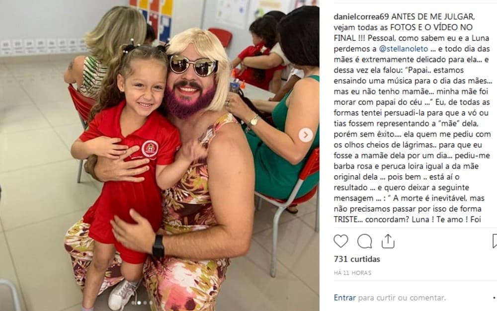FOTOS: Pai viúvo se veste de ‘mãe' para participar com filha de festa do Dia das Mães em escola em Goiânia