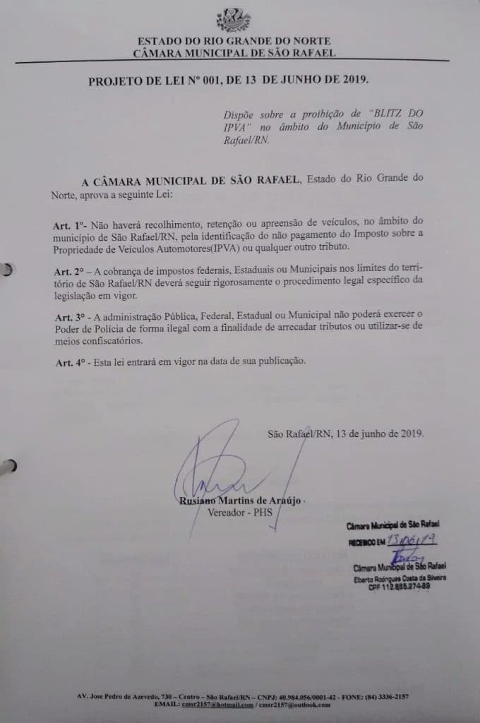 PODE ISSO? Vereador de São Rafael quer criar lei para proibir blitz de apreensão de veículos