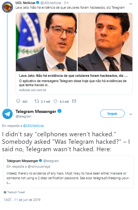 Telegram corrige UOL: “Eu não disse ‘celulares não foram hackeados’. Disse ‘O Telegram não foi'”
