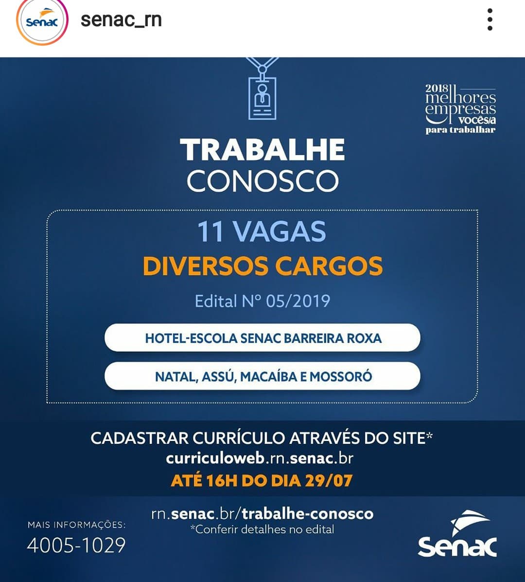 OFERTA DE TRABALHO: Senac-RN abre processo seletivo para 11 vagas em Natal, Macaíba, Assú e Mossoró