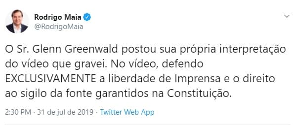 Rodrigo Maia diz que Glenn Greenwald manipulou sua fala: "não tem o direito de interpretar o que eu disse de acordo com seus interesses”
