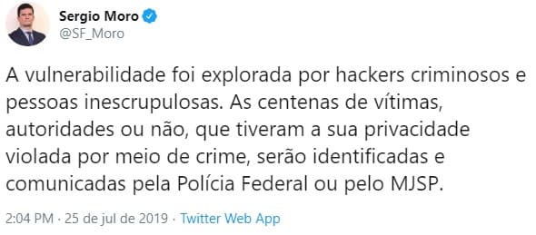 Moro: “Ninguém foi hackeado por falta de cautela. Vulnerabilidade foi explorada por hackers criminosos e pessoas inescrupulosas”