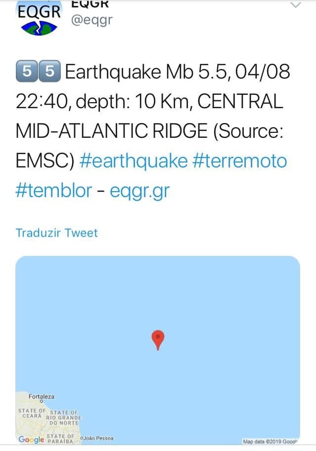 Terremoto de magnitude 5.8 atinge região do Atlântico a 1000 km do Litoral Potiguar e 700 km de Fernando de Noronha