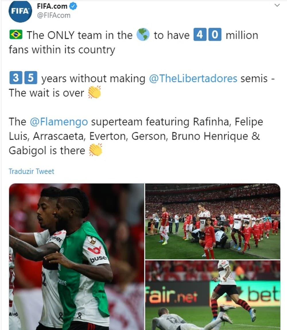 Fifa destaca Flamengo nas semifinais: "Único time no mundo com 40 milhões de torcedores"