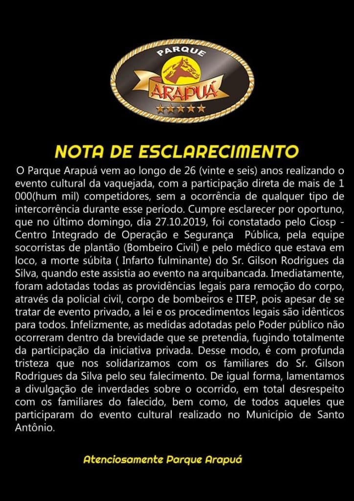Parque de vaquejada emite nota sobre morte de torcedor